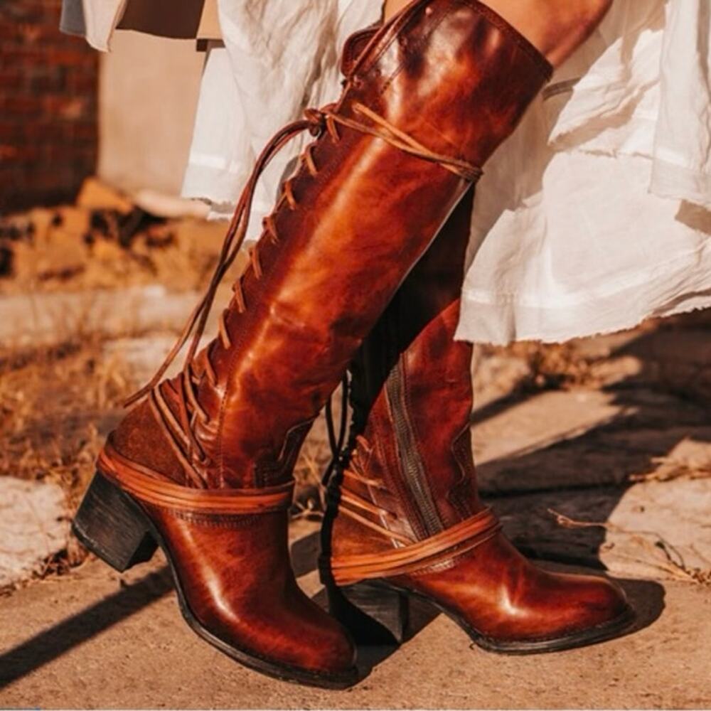 FREEBIRD Coal Tall Lace Up Back Harness Leather Cognac Brown Western Boots sz 9